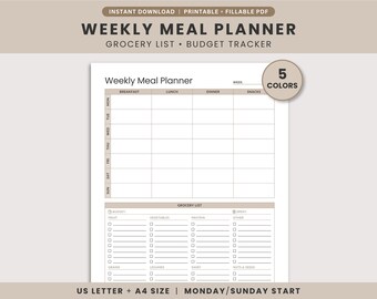 Minimalistische weekplanner voor maaltijden (printbaar) | Boodschappenlijstje & budgettracker | Gezonde maaltijdplanning | Invulbaar PDF-bestand | US Letter / A4