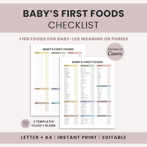 Lista de verificación de los primeros alimentos del bebé (PDF imprimible) / Rastreador de 100 alimentos para la alimentación complementaria dirigida por el bebé (BLW) / Tabla de alimentación complementaria dirigida por el bebé (BLW) / Lista de alimentos sólidos iniciales / Plantilla editable de Canva