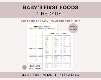Baby's First Foods Checklist Printable PDF | 100 Foods BLW Tracker | Baby Led Weaning Chart | Starting Solids List | Editable Canva