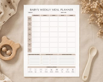 Baby Meal Planner Printable | Weekly Baby Food Planner for Busy Mom | Baby Weaning Schedule with Allergen List | Editable Canva Template