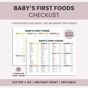 May include: A printable checklist titled "Baby's First Foods" with a list of over 100 foods for baby-led weaning or purees. The checklist is available in two templates, filled and blank, and is editable in Canva. The design includes the text "Letter + A4 | Instant Print | Editable."