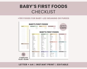Baby First Foods Checklist Printable | 100 Foods Tracker BLW | Baby Led Weaning Food List | Canva Editable | Starting Solids Food Chart