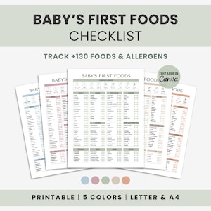 Könnte beinhalten: Mehrere druckbare Checklisten mit dem Titel "Baby's First Foods Checklist" in fünf Farben. Die Checklisten erfassen über 130 Lebensmittel und Allergene. Der Text "Editable in Canva" ist ebenfalls sichtbar.