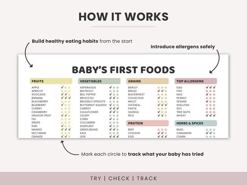 May include: A chart titled "BABY'S FIRST FOODS" lists fruits, vegetables, grains, top allergens, protein, and herbs & spices. Each food item has circles to track what a baby has tried. The chart includes the text "HOW IT WORKS".