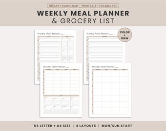 Weekly Meal Planner Printable | Grocery List & Healthy Menu Prep | 7 Day Meal Plan Breakfast Lunch Dinner Snacks | Fillable PDF | A4, Letter