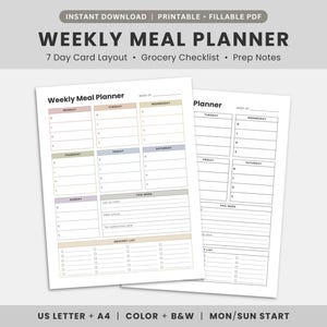 Puede incluir: Un planificador de comidas semanal en PDF imprimible con diseño de 7 días, lista de la compra y notas de preparación. El documento incluye secciones de lunes a domingo, con encabezados de colores, líneas en blanco y casillas de verificación.