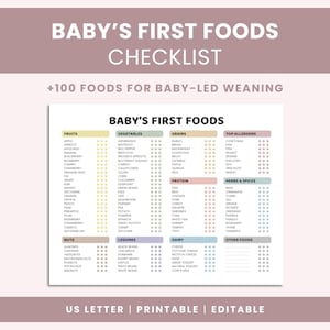 May include: A printable checklist titled "Baby's First Foods" with a list of fruits, vegetables, grains, proteins, herbs, spices, and other foods. The checklist includes over 100 foods for baby-led weaning. The text "US Letter | Printable | Editable" is at the bottom.