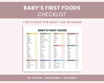Baby's First Foods Checklist Printable | Editable Baby Led Weaning Food Tracker | Starting Solids Food Chart | Instant Digital Download