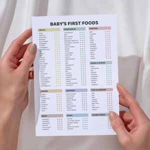 Puede incluir: Un gr&aacute;fico blanco titulado "BABY'S FIRST FOODS" enumera frutas, verduras, prote&iacute;nas, hierbas, especias, granos, legumbres, nueces, l&aacute;cteos y al&eacute;rgenos comunes. El gr&aacute;fico est&aacute; sostenido por dos manos sobre un fondo blanco.