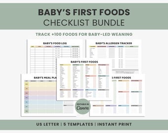 Baby's First Foods Checklist Editable For Parents Starting Solids | Baby Meal Planner Printable | BLW Food Log Chart | Allergen Tracker