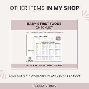 Lista de verificación de los primeros alimentos del bebé (PDF imprimible) / Rastreador de 100 alimentos para la alimentación complementaria dirigida por el bebé (BLW) / Tabla de alimentación complementaria dirigida por el bebé (BLW) / Lista de alimentos sólidos iniciales / Plantilla editable de Canva imagen 11