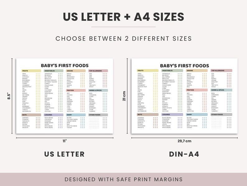 May include: Two charts titled "BABY'S FIRST FOODS" are displayed, one in US Letter size (8.5" x 11") and the other in DIN-A4 size (21 cm x 29.7 cm). The charts list various food categories like fruits, vegetables, grains, and top allergens. The text "US LETTER + A4 SIZES" is at the top.