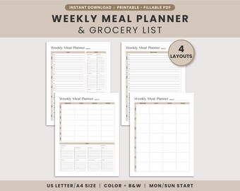 Wöchentlicher Speiseplan zum Ausdrucken | Einkaufsliste & gesunde Menüplanung | 7-Tage-Speiseplan: Frühstück, Mittagessen, Abendessen & Snacks | Ausfüllbares PDF | A4, Letter