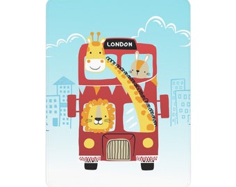 London Toddler Blanket, red bus blanket, cozy ombre blanket, cartoon animal theme