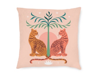 Cheetah Square Pillow, Pink Back namaste cat pillow, zen throw pillow