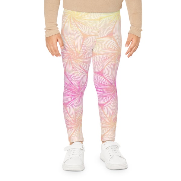 Tropical Flower Kids Leggings, pink ombre plumeria girls bottoms, toddler stretch pants