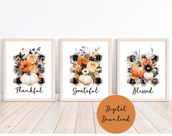 Agradecido, Bendecido, Arte digital de otoño/Acción de Gracias, Calabazas a cuadros de búfalo