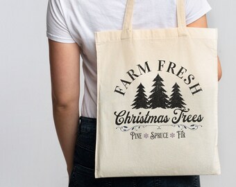 Frische Weihnachtsbäume auf dem Bauernhof Baumwollsegeltuch-Einkaufstasche, Weihnachtseinkaufstasche, Feiertags-Einkaufstasche, Weihnachtsgeschenktasche, Feiertags-Einkaufstasche