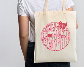 Meowy Christmas Cotton Canvas Tote Bag, Christmas Cat Tote Bag, Holiday Cat Gift Bag, Funny Cat Tote Bag, Christmas Tote Bag, Holiday Bag