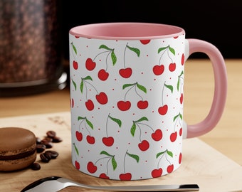 Cherry Pattern Mug, Pink and Red Accent Mug