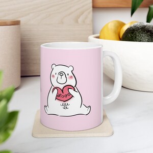 Pink Ceramic Mug 11oz With Bear Heart Love PERFECT For Valentines Day Gift, Anniversary Gift