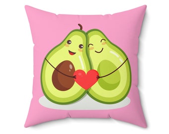 Cute Cartoon Avocado Hugging Each Other With Heart Spun Polyester Square Pillow PERFECT For Valentines Day Gift, Anniversary Gift