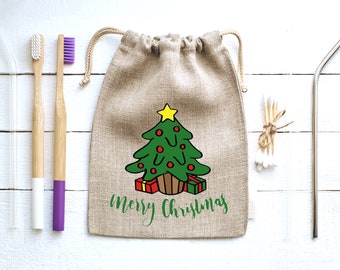 Personalized Gift Bags for Christmas - Canvas Bulk Holiday Party Favor Bags for Kids + Adults - Drawstring Christmas Bags for Gift Wrapping
