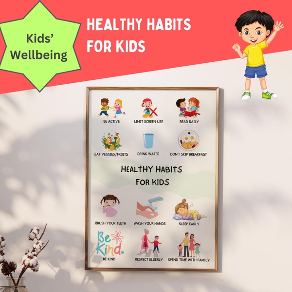 Healthy Habit Poster, Healthy Kids, Kids Wall Art, Montessori, Nursery, Wall Art, Homeschool | Preschool | Kindergarten, Instant Download