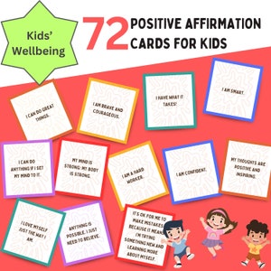 Printable Children's Positive Affirmation Cards, Set of 72 Kid Affirmation Cards, Instant Download, Confidence, Self-care, Motivational Card