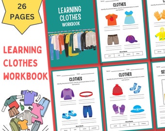 Cahier d’exercices d’apprentissage des vêtements pour enfants, livre éducatif imprimable sur les vêtements pour enfants, cahier d’exercices d’apprentissage sur le thème des vêtements, téléchargement instantané