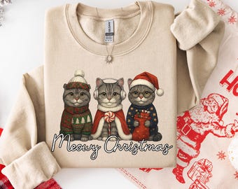 Meowy Christmas Shirt, Cat Christmas Sweatshirt, Cat Lover Xmas T-Shirt, Christmas Cat Mom Sweater, Catmas Gift For New Year, Xmas Crewneck