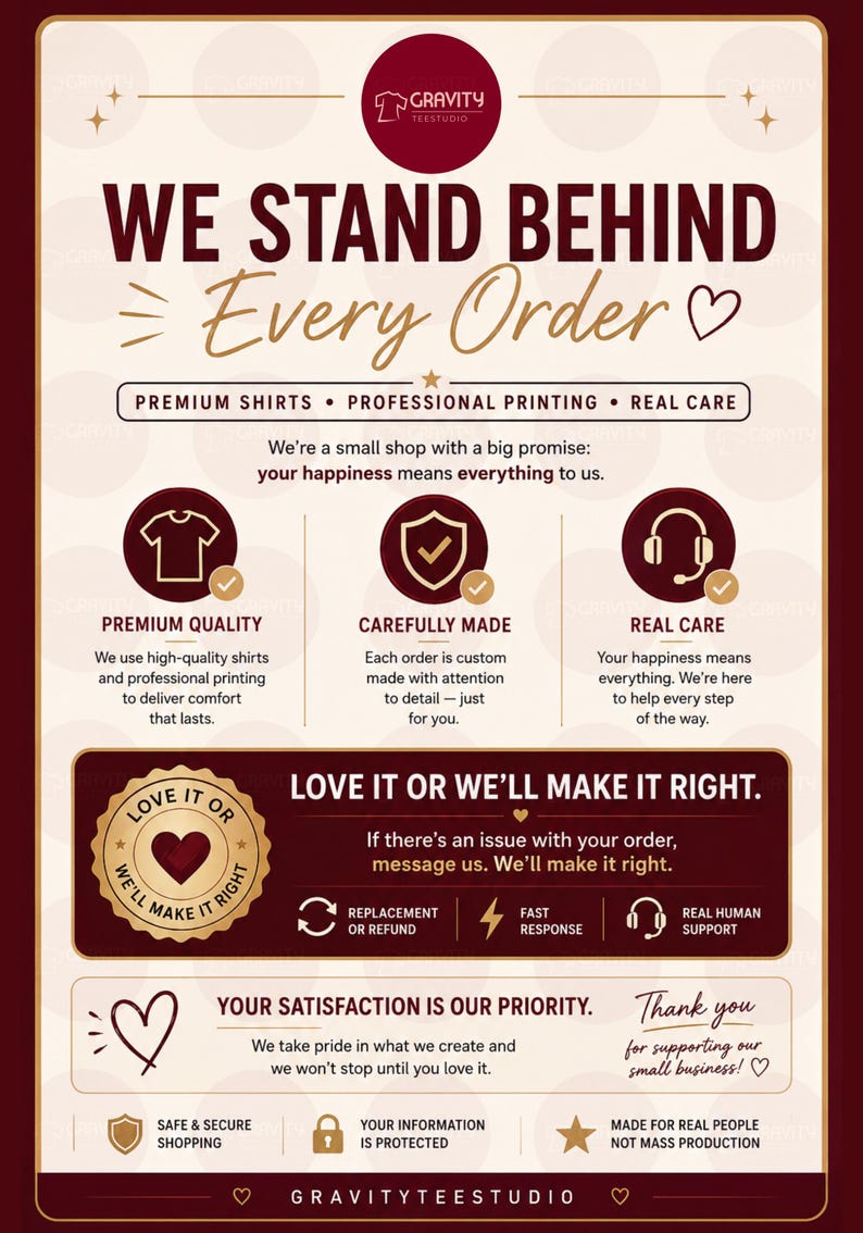 May include: An informational graphic for Gravity TeeStudio with a maroon and cream color scheme. It outlines business policies including premium quality, careful production, and customer support. Text includes 'WE STAND BEHIND Every Order' and 'LOVE IT OR WE&rsquo;LL MAKE IT RIGHT' with icons for shirts, shields, and headsets.