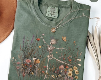 Comfort Colors Skeleton Dancing Arabesque Wildflower Botanical Floral Cottagecore Nature Lover Illustrative Women's T-shirt