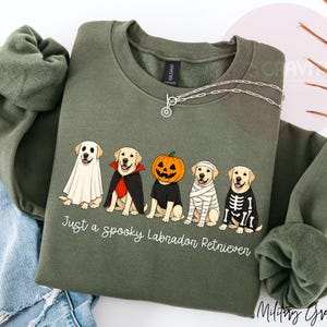 Może przedstawiać: Oliwkowa bluza z okrągłym dekoltem z grafiką przedstawiającą pięć labrador&oacute;w w kostiumach na Halloween: ducha, wampira, dynię, mumię i szkielet. Pod psami znajduje się napis: Just a spooky Labrador Retriever.