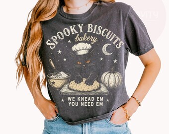 Comfort Colors® Kitty Biscuits Shirt Spooky Season Tee: Black Cat Halloween Fall T-shirt, Vintage Baking Pumpkin Tshirt, Cat Lover Fall Gift