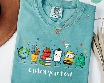 Cute School Supplies Comfort Colors Shirt, Custom Back To School Teacher Shirt, Crayon Pencil Notebook Tee, Kindergarten Teacher Gift
