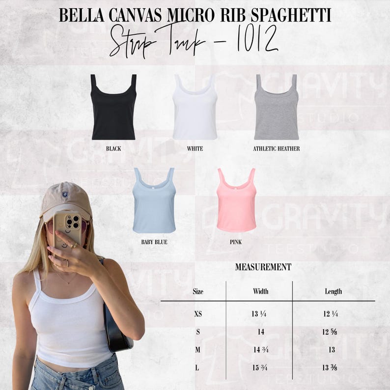 May include: Bella Canvas micro rib spaghetti strap tank top 1012 in black, white, athletic heather, baby blue, and pink. Includes a size chart with width and length measurements in inches for sizes XS, S, M, and L. A white tank top is shown.