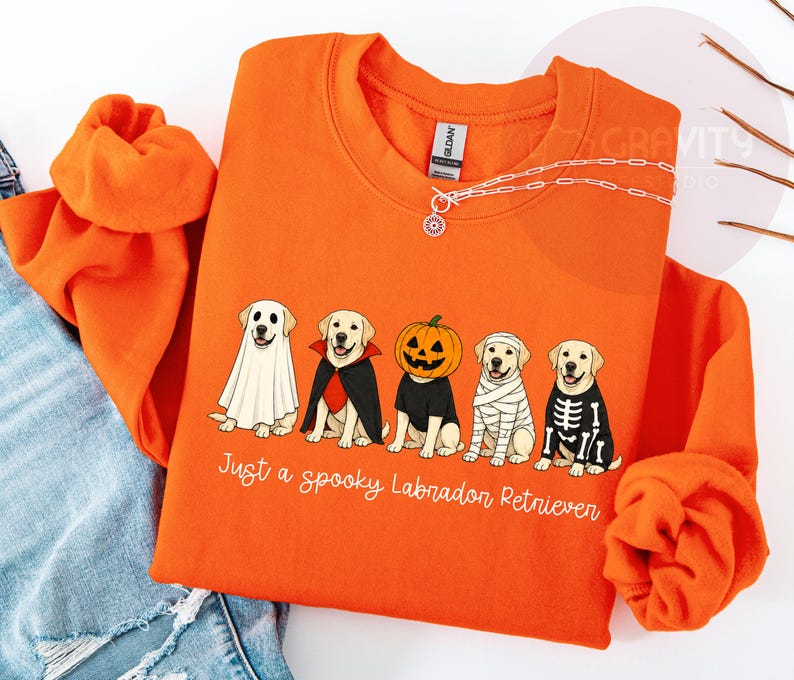 Może przedstawiać: Pomarańczowa bluza z okrągłym dekoltem z grafiką przedstawiającą pięć labrador&oacute;w w kostiumach na Halloween, w tym ducha, wampira, dynię, mumię i szkielet. Tekst pod psami brzmi: Just a spooky Labrador Retriever.