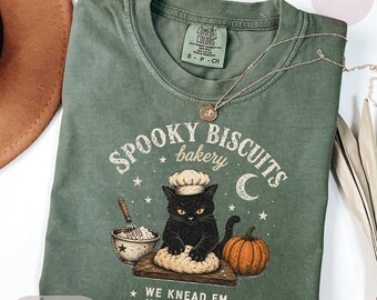 Comfort Colors Spooky Biscuits Spooky Season Tee: Black Cat Halloween Fall T-shirt, Vintage Kitty Baking Pumpkin Tshirt, Cat Lover Fall Gift