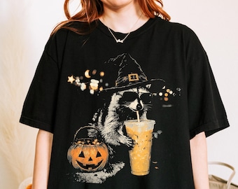 Halloween Raccoon Pumpkin Spice Iced Coffee Comfort Colors Shirt, Spooky Trash Panda Tee, Fall Animal Halloween Tshirt