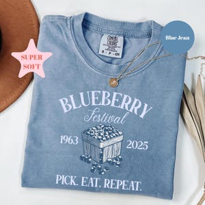 May include: A blue jean colored t-shirt with the words "BLUEBERRY Festival" and the years 1963 and 2025 printed on it. The shirt also has the phrase "PICK. EAT. REPEAT." printed on it. A gold necklace is draped across the shirt.