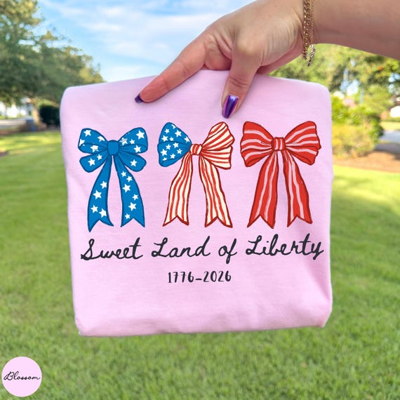 Comfort Colors® Sweet Land of Liberty Shirt, USA 250 T-Shirt,Patriotic Fourth of July Tee, American Flag Coquette Bow Shirt, Vintage USA Tee