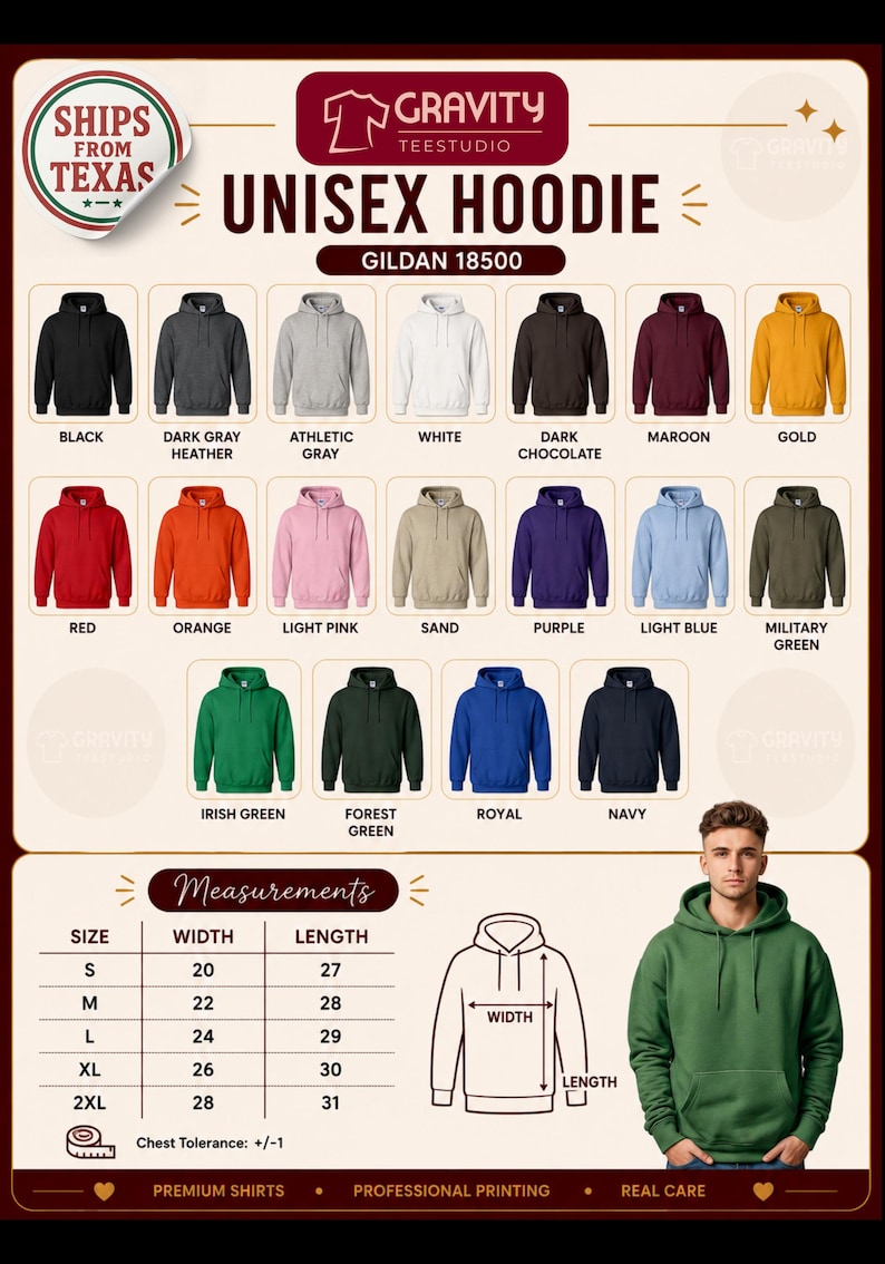 May include: A Gildan 18500 unisex hoodie color chart displaying twenty available shades including black, gray, white, maroon, gold, red, orange, pink, sand, purple, blue, and green. Includes a size chart with width and length in inches.