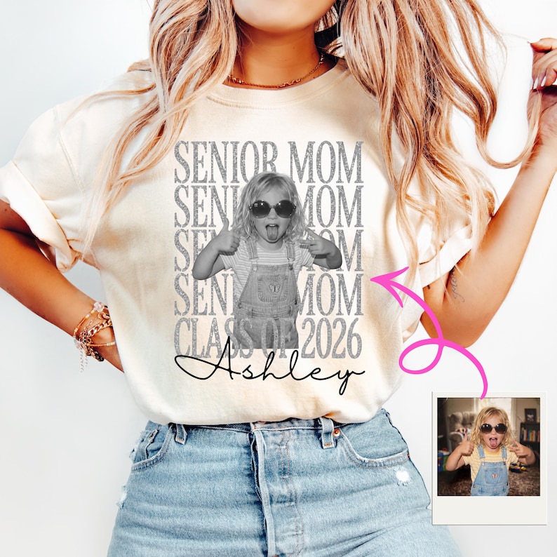 Ivory Comfort Colors t-shirt featuring a custom photo and faux glitter effect Senior Mom 2026 design on a model.