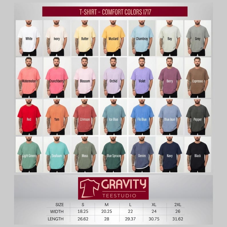 May include: A display of t-shirts in various colors, including white, red, and blue. The shirts are arranged in rows, with each color displayed on a model. The text "T-SHIRT - COMFORT COLORS 1717" is at the top, and the "GRAVITY TEESTUDIO" logo is at the bottom.