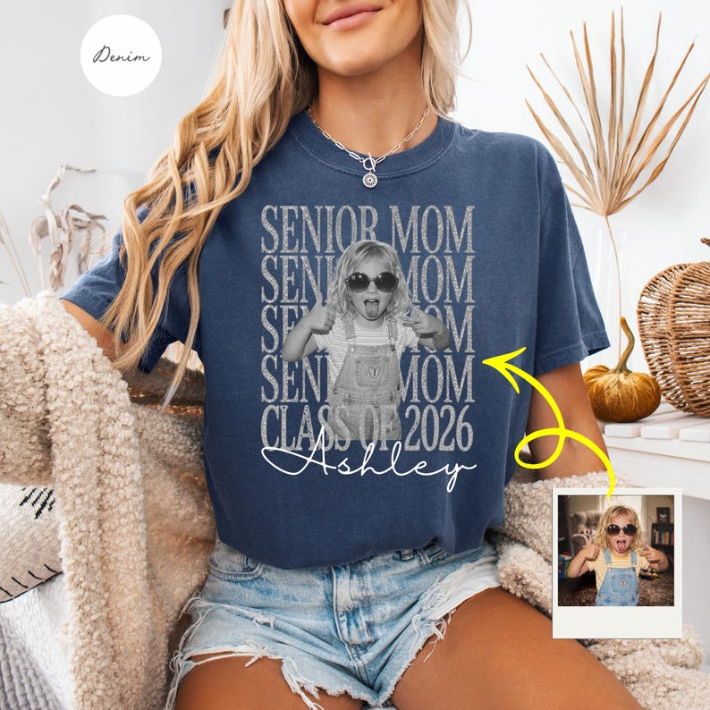 Model wearing a Denim blue Comfort Colors 1717 t-shirt with a personalized photo graduation mom design.