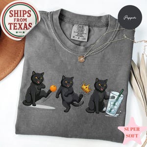 Puede incluir: Camiseta gris Comfort Colors con un gr&aacute;fico de tres gatos negros. Un gato patea una pelota naranja, otro lleva una corona y el &uacute;ltimo sostiene una bebida con hielo. Un collar plateado est&aacute; drapeado sobre la camiseta.