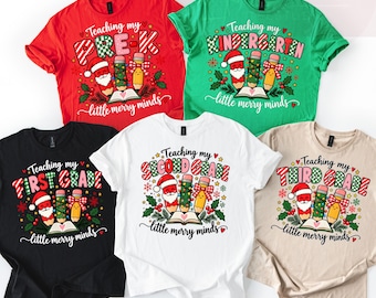 Personalized Teacher Christmas T-Shirt, Teaching my little merry minds grade level shirts, Custom Name or School Name