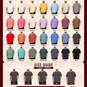 May include: A color chart and size guide for Comfort Colors 1717 t-shirts. The chart displays 28 color options with labels. The size guide shows a pepper-colored t-shirt in sizes S to 2XL with a table listing widths and lengths in inches.