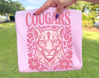 Comfort Colors Floral Cougars Shirt, Gameday Cougars Mascot Tee, Trendy School Spirit Tshirt, Retro Girly Gameday Outfit, Spirit Tee for Her